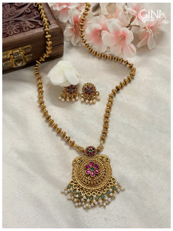 Golden Beads Mala with Floral Pendant and Pearl Drops
