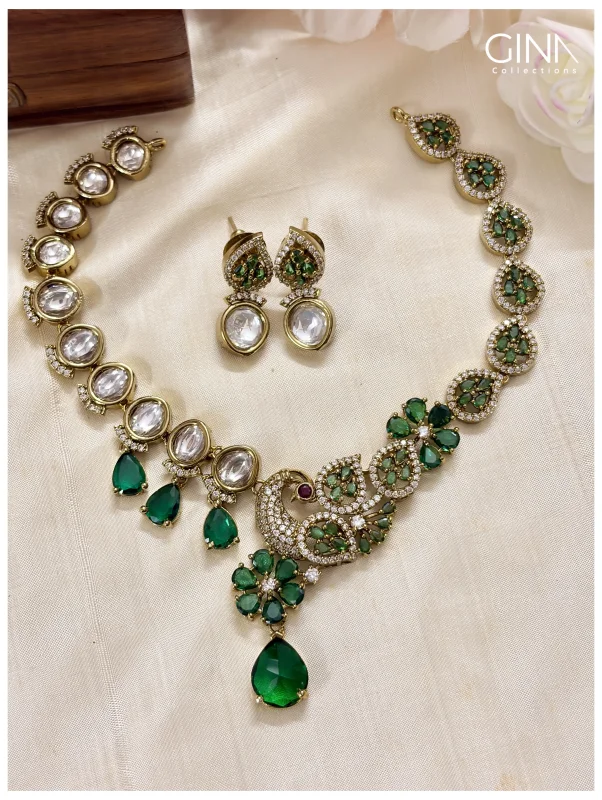Polki Stone Mayuri Emerald Drop Necklace with Earrings