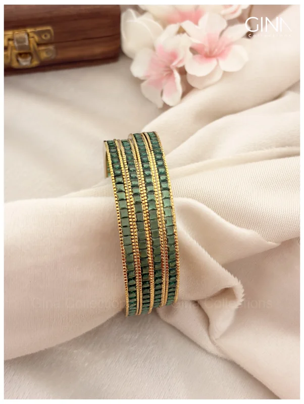 Premium Gold Plated Sleek Green Stone Bangles