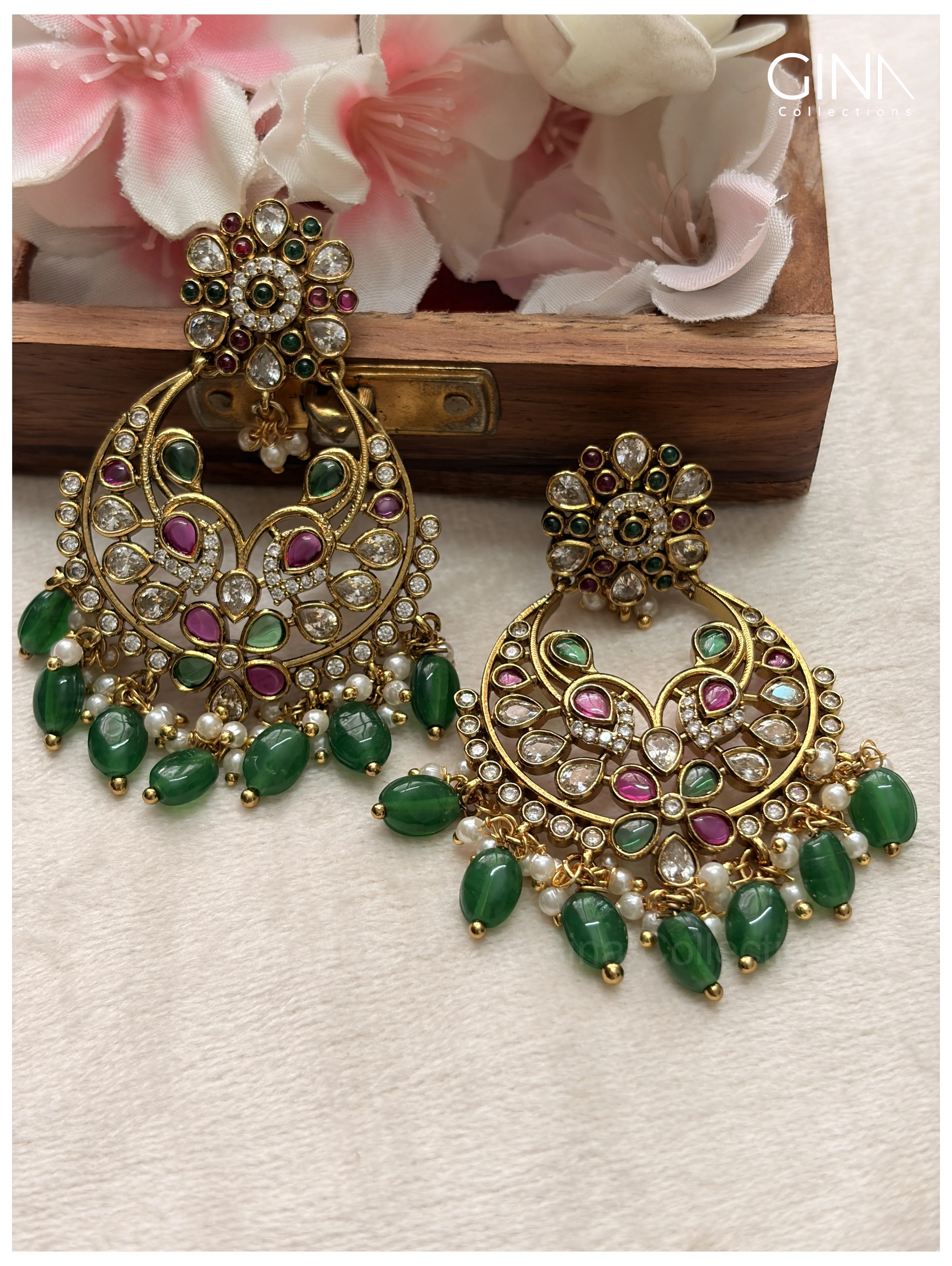 Floral Chandbali with Emerald Drops Alternative View