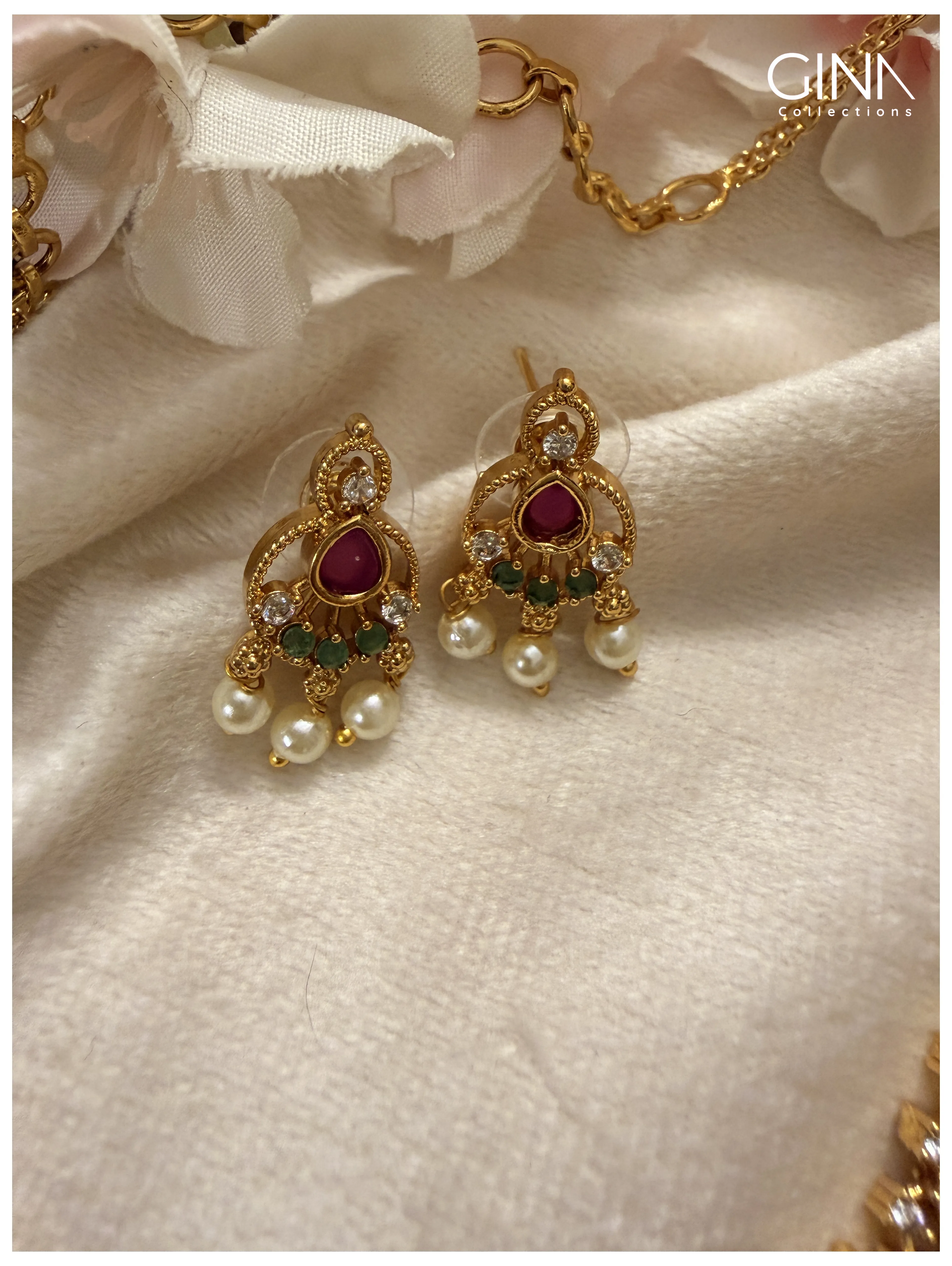 Golden ruby Drops with Pearl Drops with Emerald Accents Alternative View