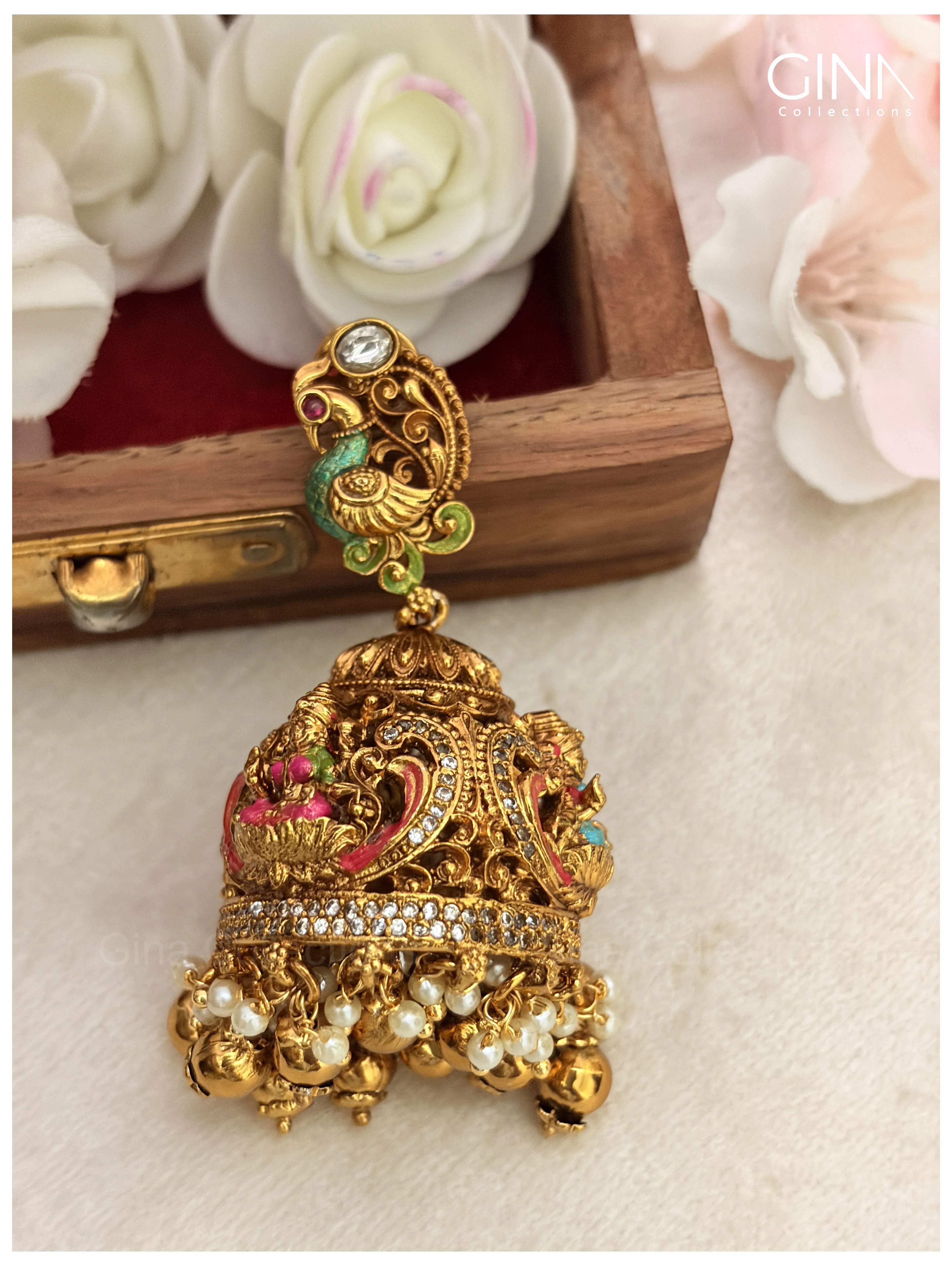 Meenakari Bridal Jhumka with Emerald Drops Alternative View