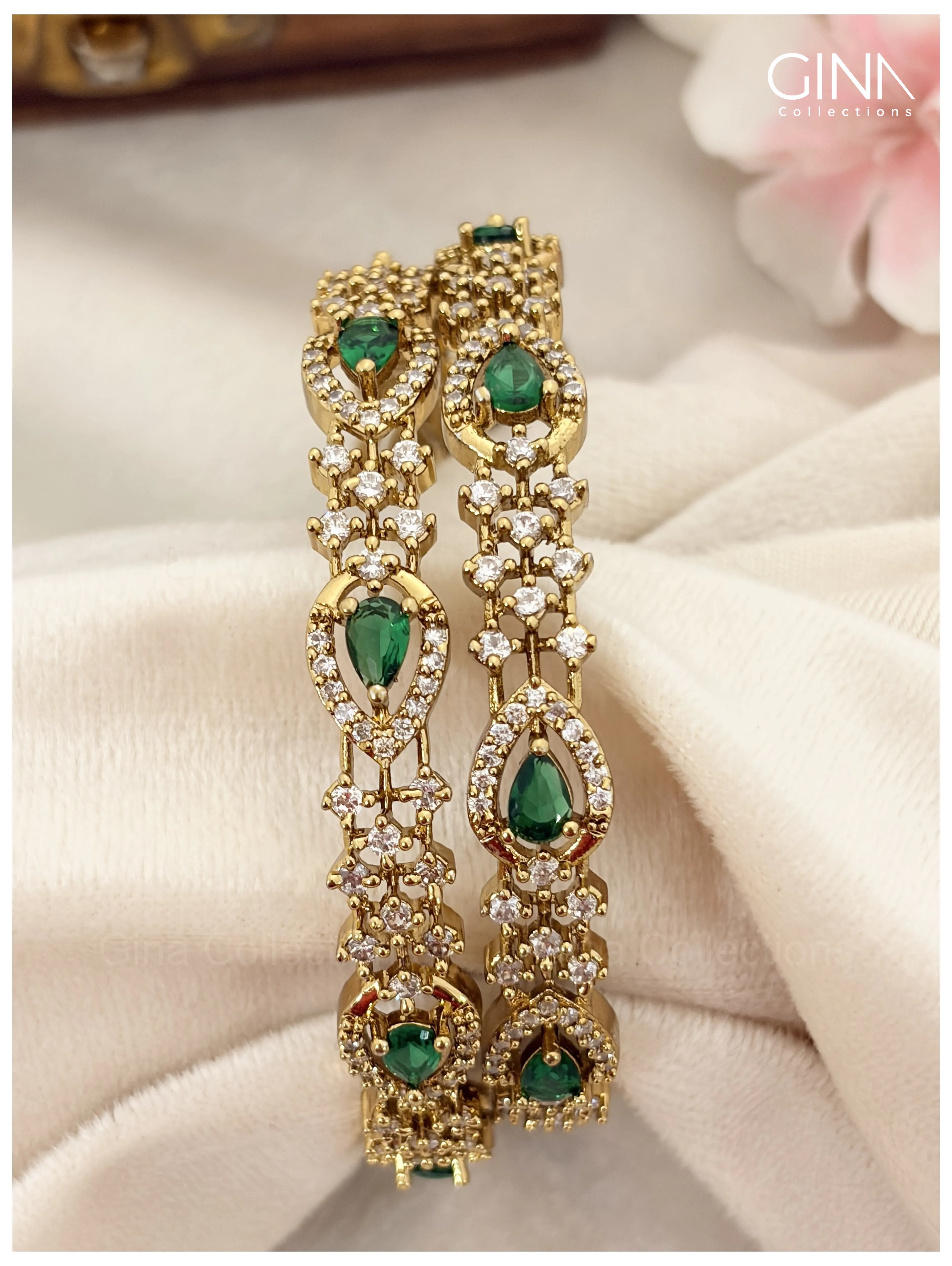 Premium Gold Plated AD Tear Drop Emerald Bangles Alternative View