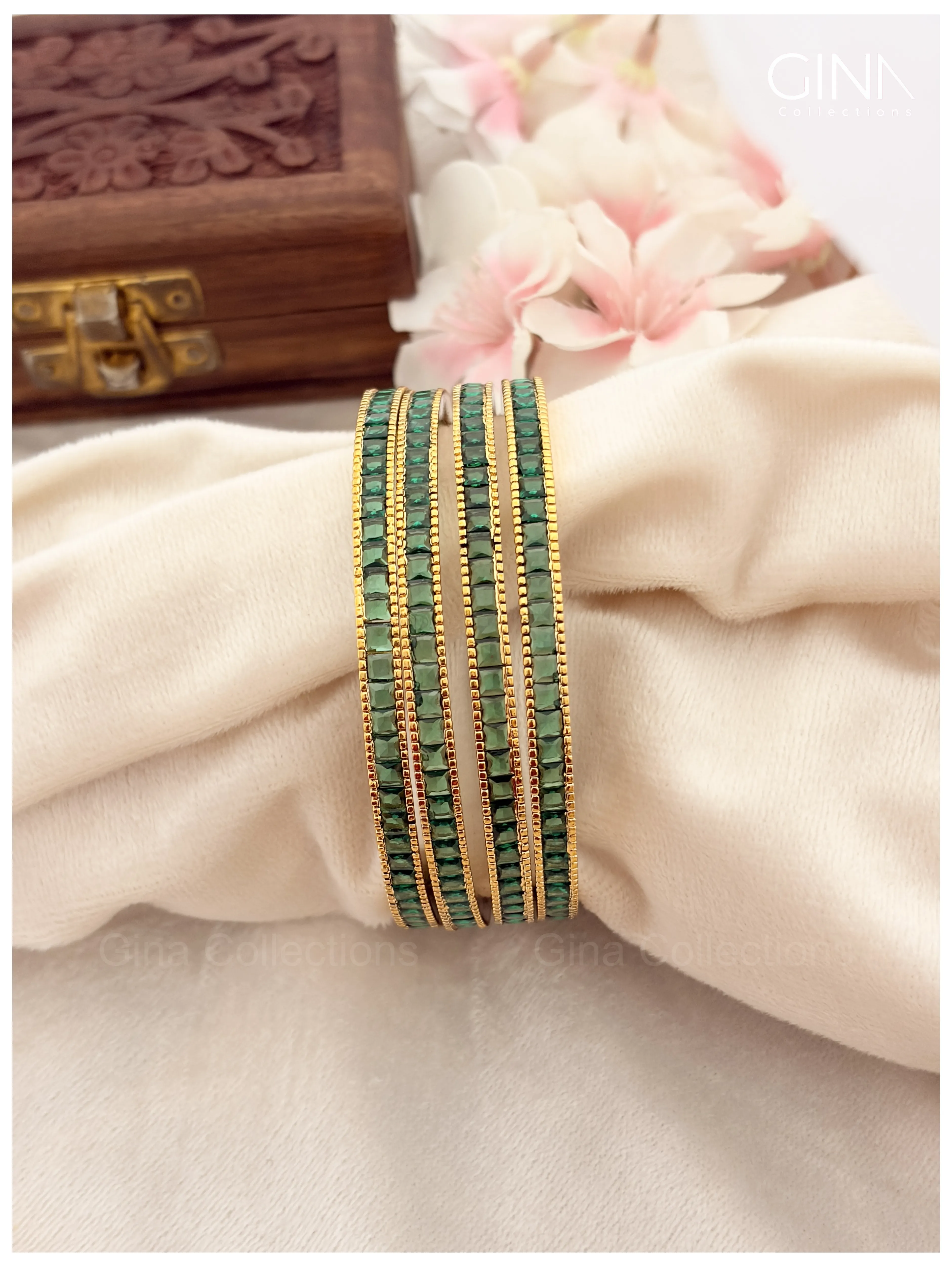 Premium Gold Plated Sleek Green Stone Bangles Alternative View