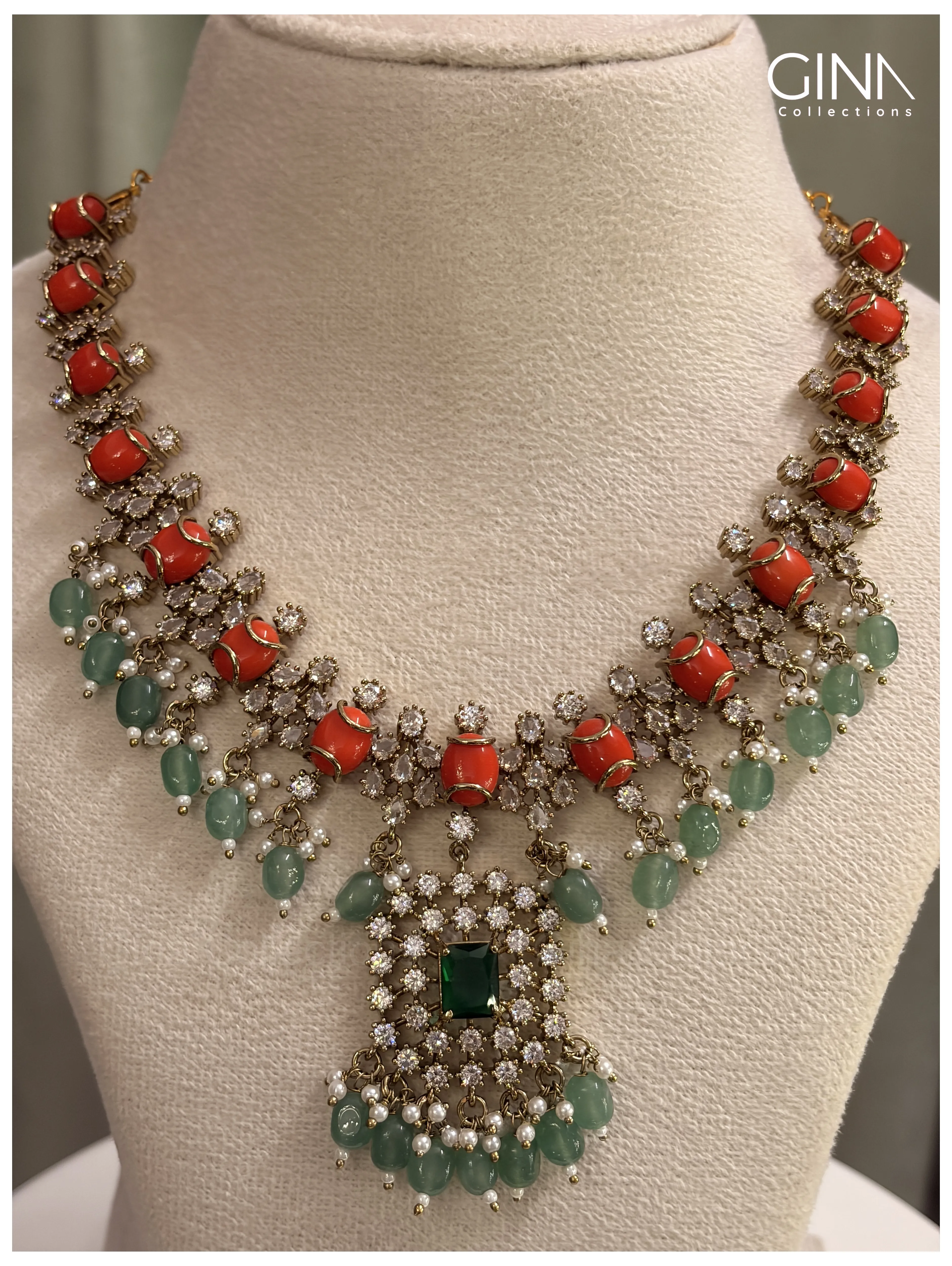 Shimmering Pavazham with Emerald Drops Alternative View