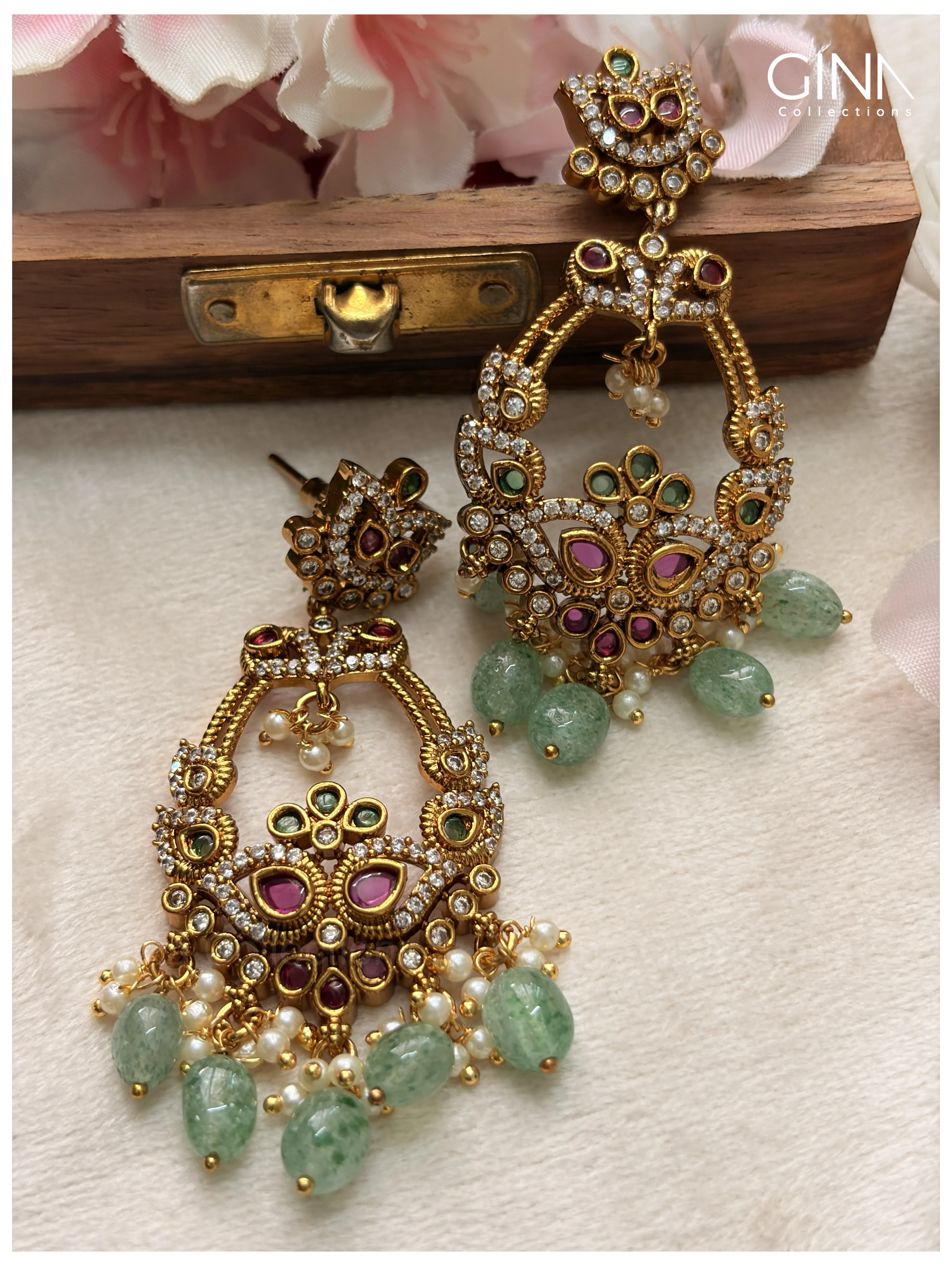 Twin Leaf Chandbali with Emerald Drops Alternative View
